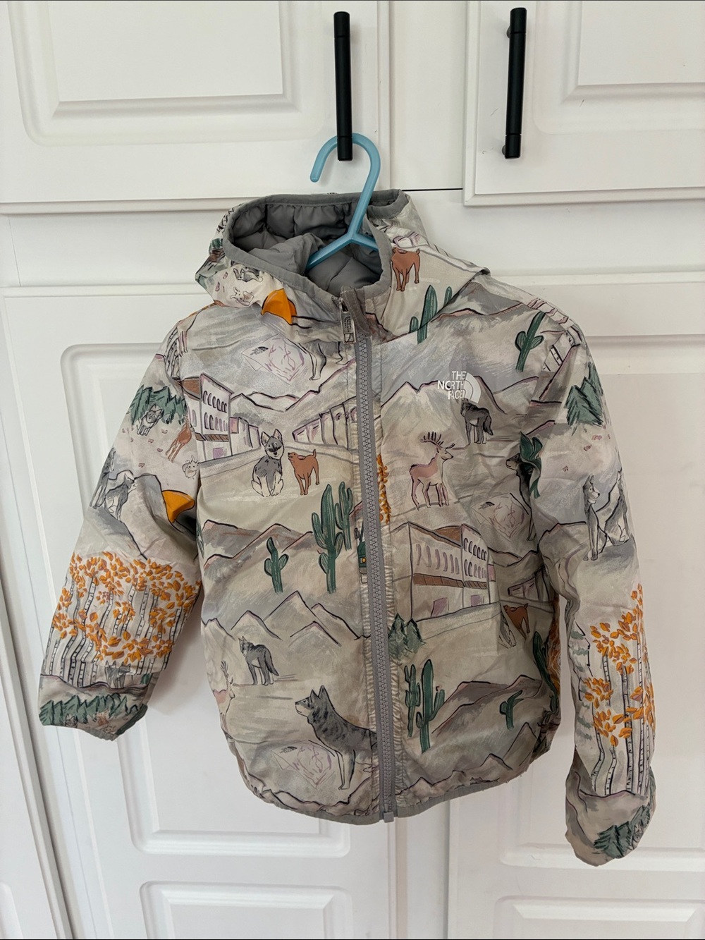 The North Face Kids Reversible Hooded Puffer Jacket, Gray & Desert Animal Print